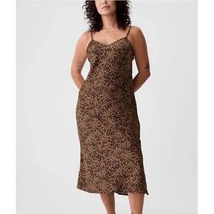 Gap Women Brown Leopard Print Satin Slip Midi Dress Petite Large 593449-00